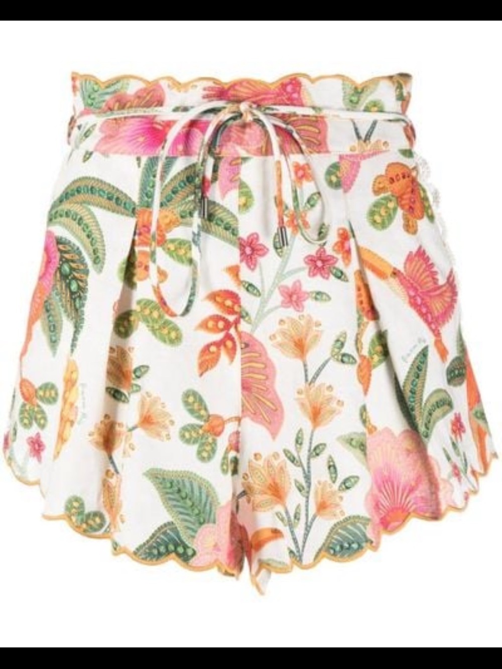Farm Rio High-Waist Floral Scallop Hem Shorts - White with Pink & Green XS